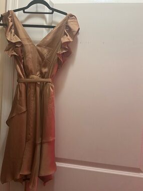 Express One-Shoulder Satin Ruffle Dress in Bronze